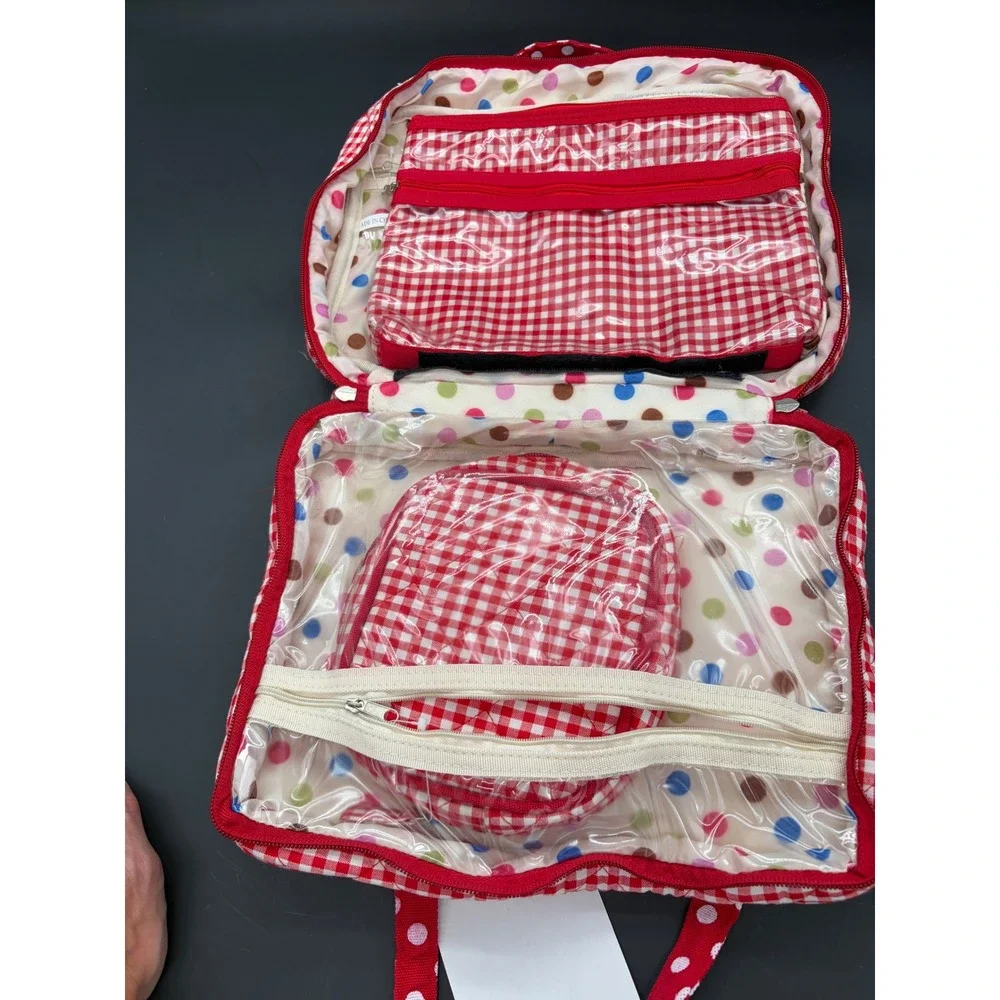 Unbranded 3 in 1 Toiletries Bag Red Gingham Polka Dot Quilted Travel Organizer